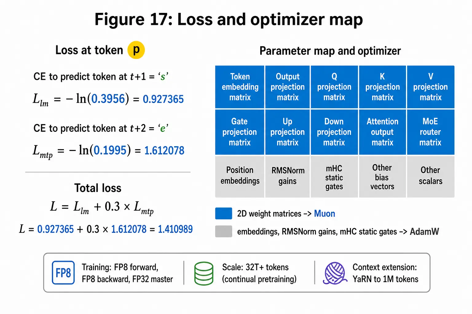 Loss L_lm plus 0.3 L_mtp at token p, and a coloured map of Muon versus AdamW parameters